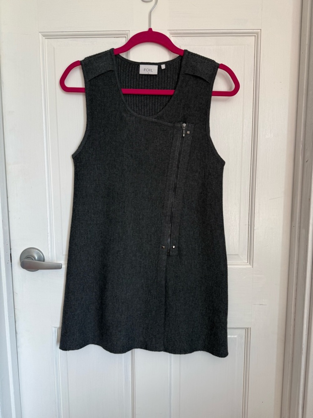 Foil Charcoal Knit Vest with Zipper and Zebra Print Inside